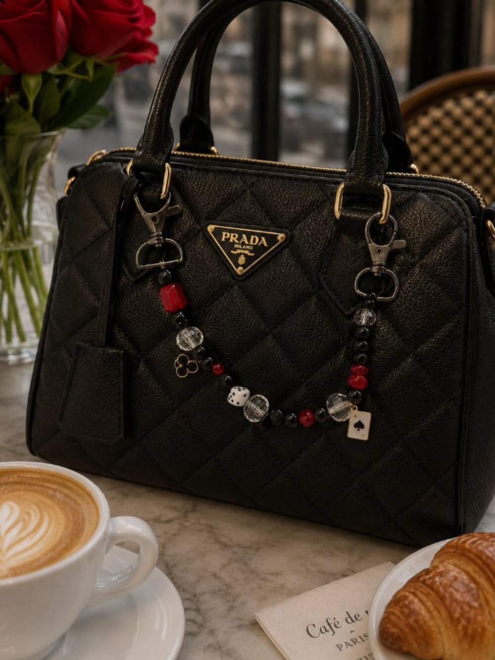 Beaded Bag Charm: Handmade Black, Red, and Silver Purse Accessory